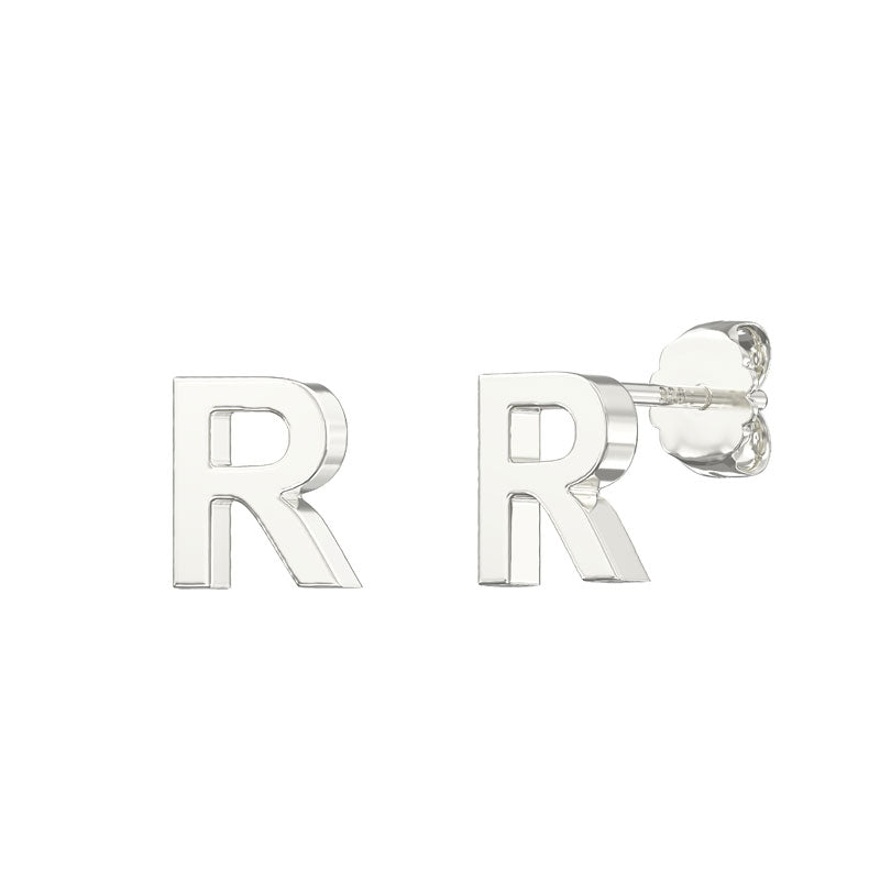 Sterling Silver Alphabet Letter R Stud Earrings