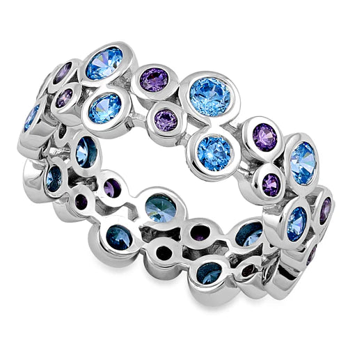 Sterling Silver Aqua Blue & Amethyst Elegant CZ Ring Size U