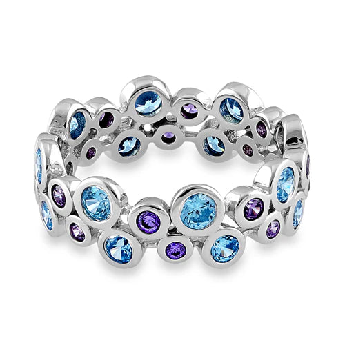Sterling Silver Aqua Blue & Amethyst Elegant CZ Ring Size U