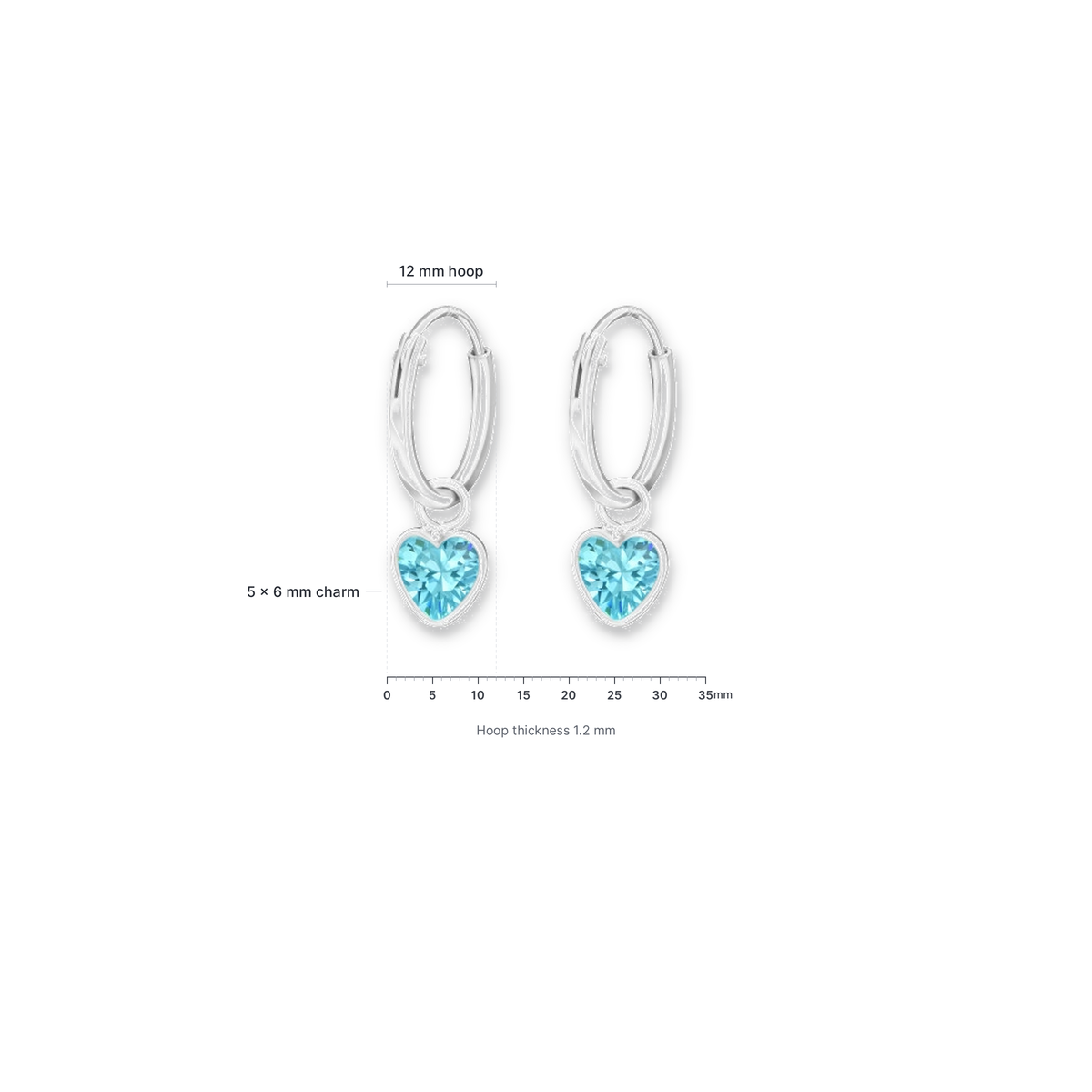 Pair of sterling silver aqua heart CZ earrings showing the hinged fastening and size