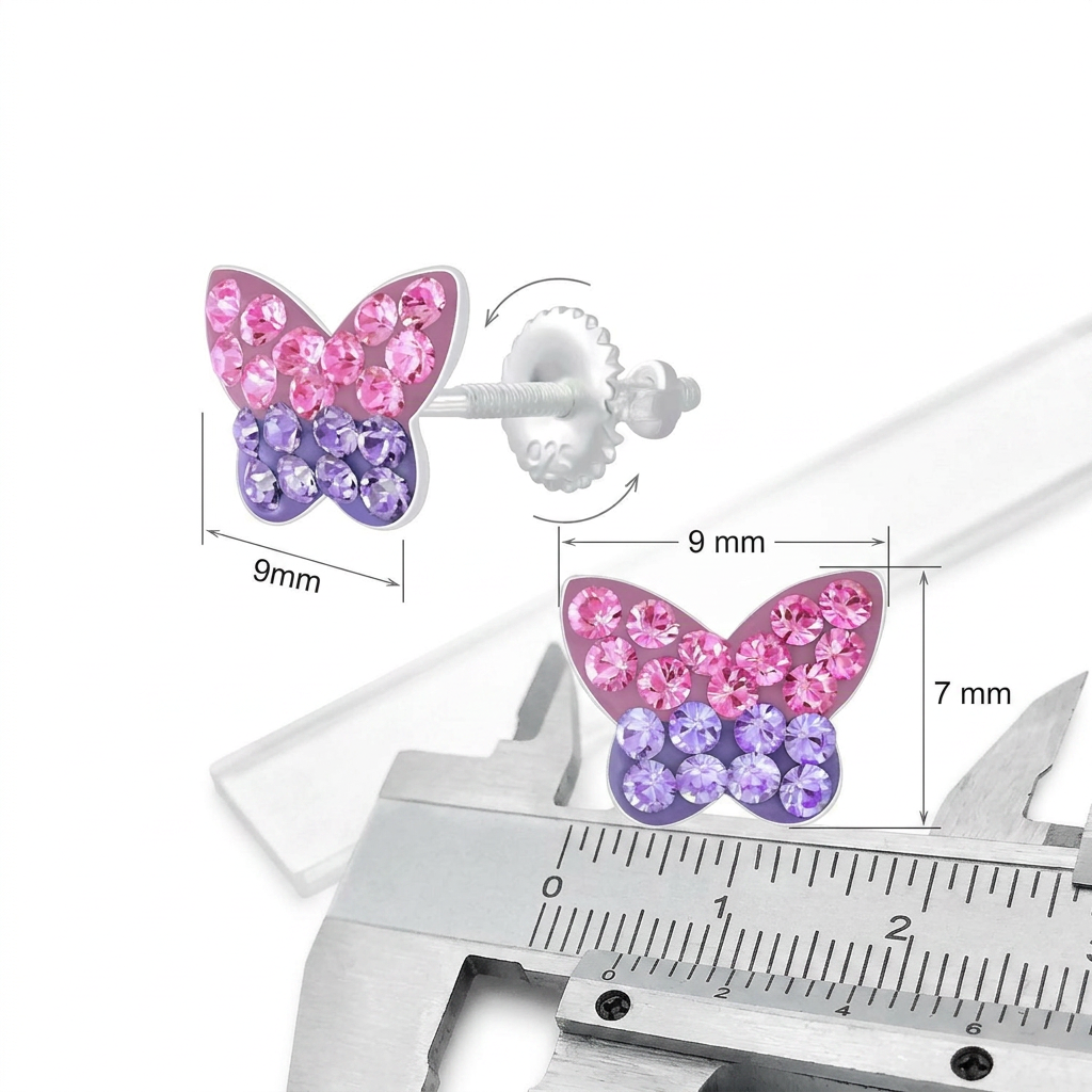 Silver kids screw back earrings silver butterfly design with pink and purple stones for children
