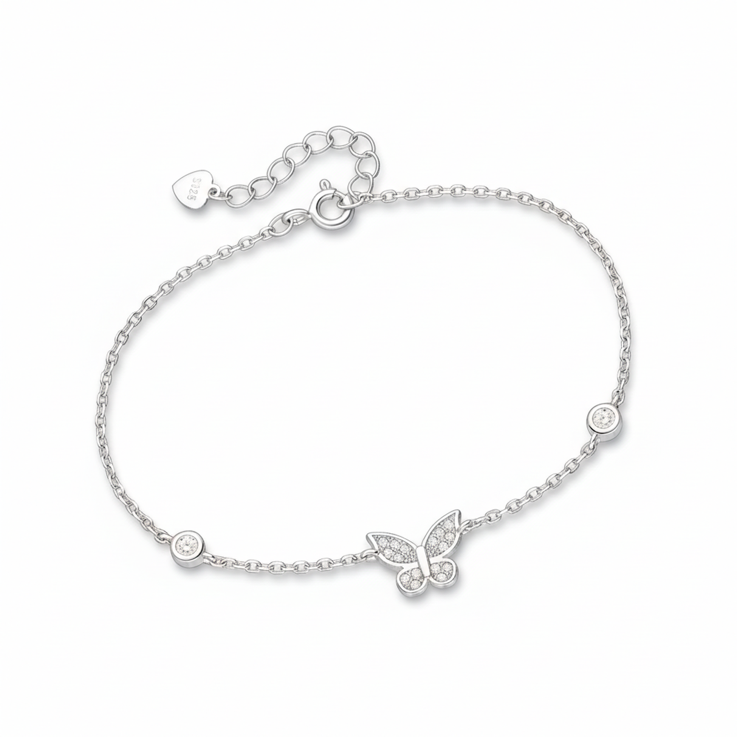 Melchior Jewellery womans sterling silver butterfly charm bracelet with delicate chain and crystal accents