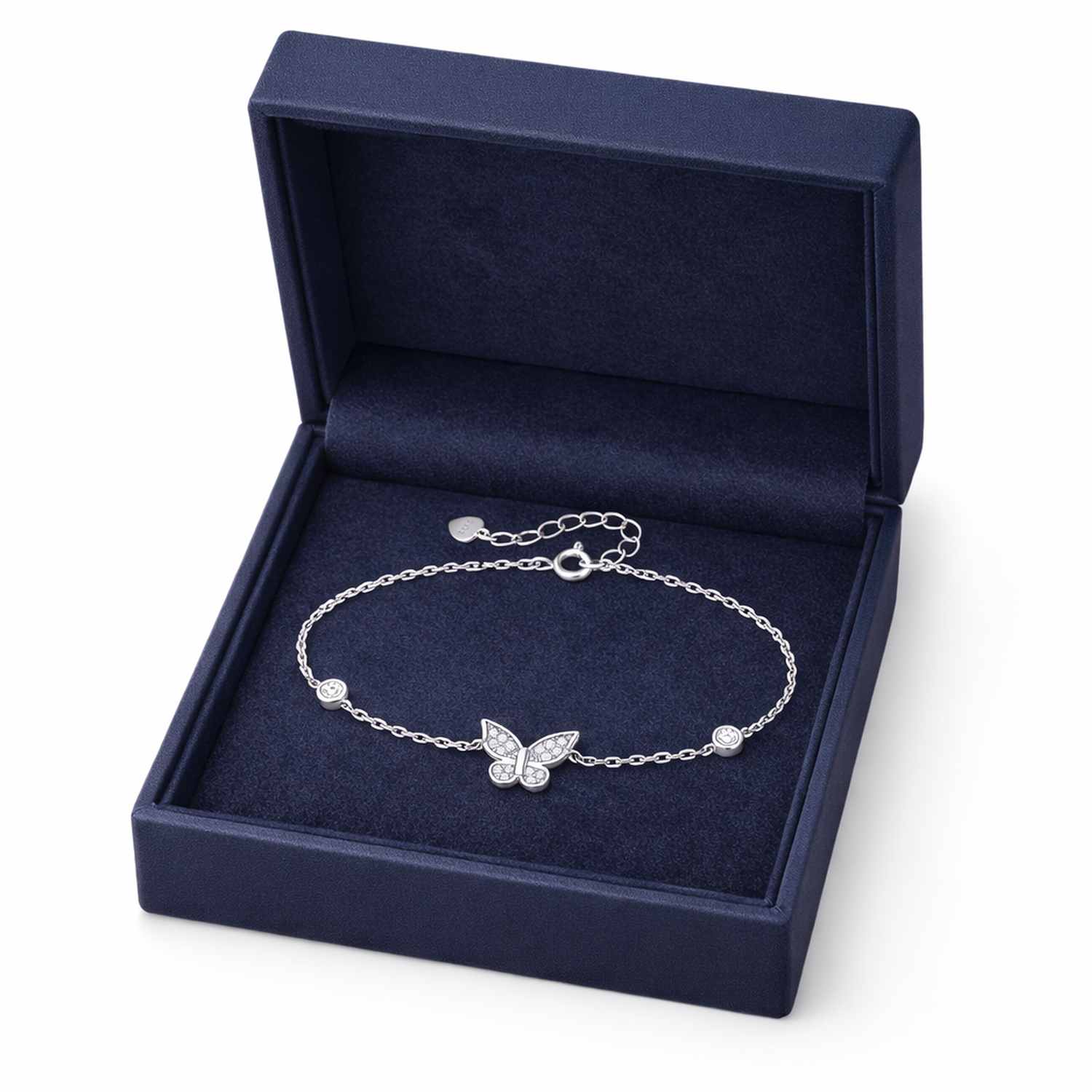 Melchior Jewellery womans sterling silver butterfly charm bracelet in a navy blue gift box