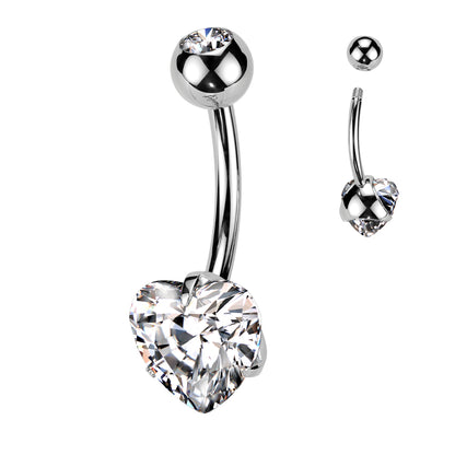 Titanium Double Jewel Prong Set Heart CZ Belly Button Bar