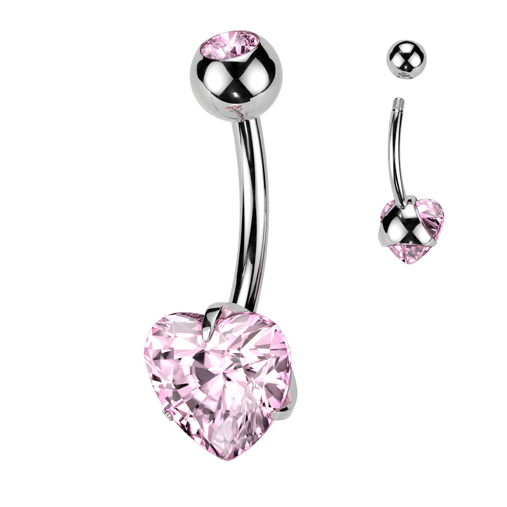 Titanium Double Jewel Prong Set Heart CZ Belly Button Bar