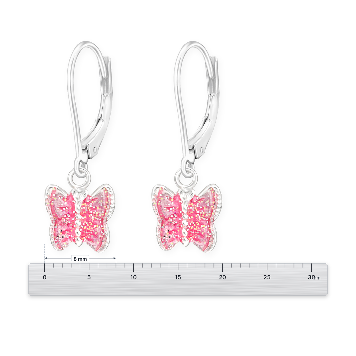 Girls sterling silver sparkly butterfly leverback earrings showing size