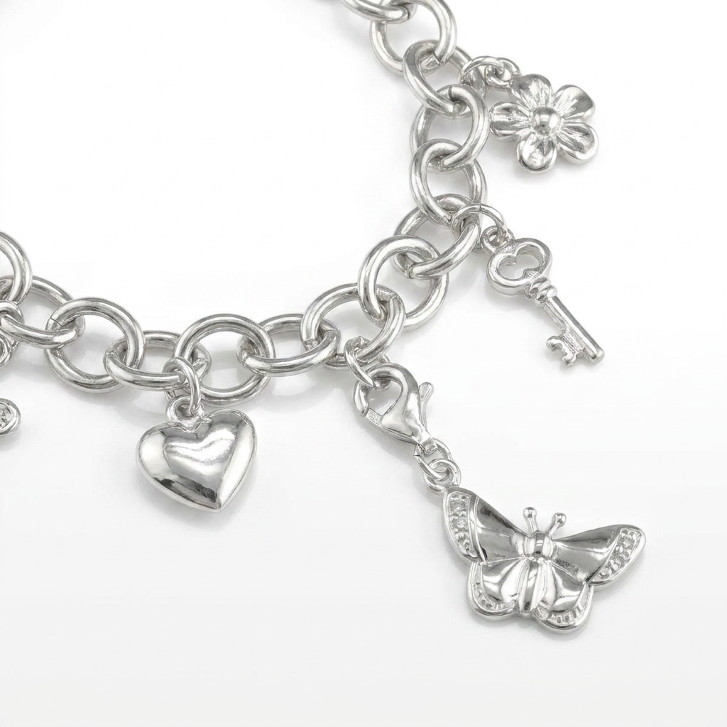 Close-up of sterling silver butterfly clip-on charm with CZ detail on a silver charm bracelet