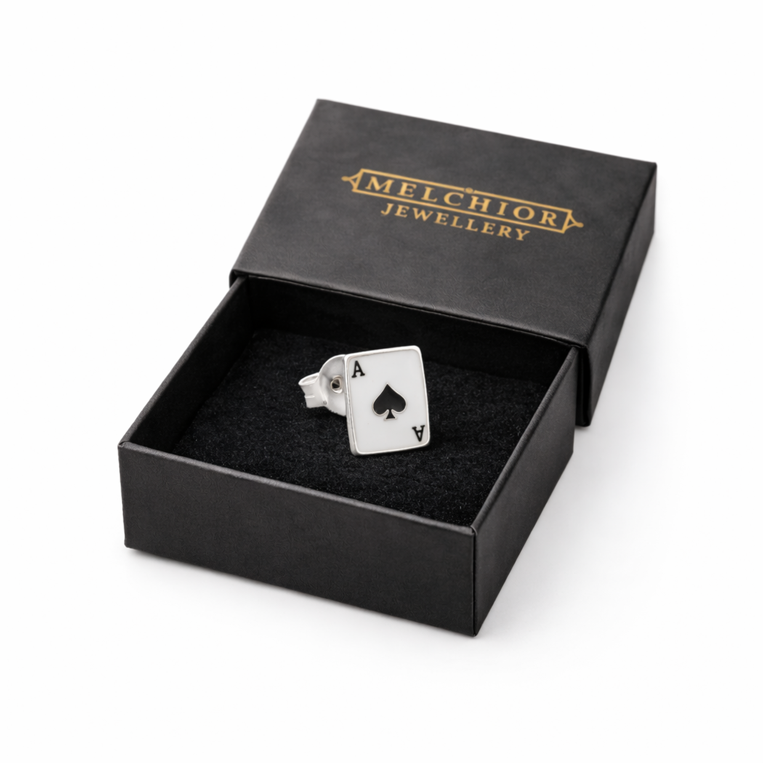 Mens single stud playing card earring Ace of Spades in silver presented in Melchior Jewellery black box