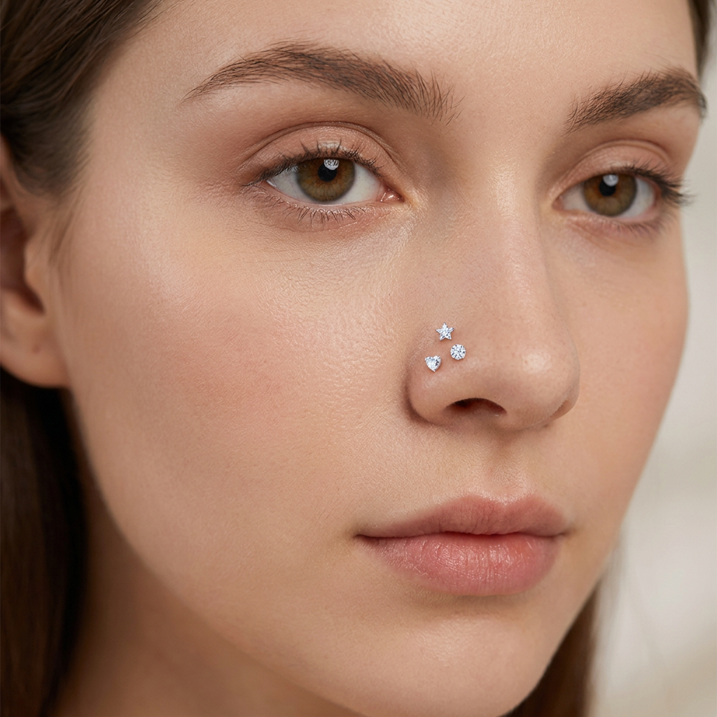 Close-up of a woman's face wearing three small silver star-shaped stud nose jewelry pieces on her left side of the nose.