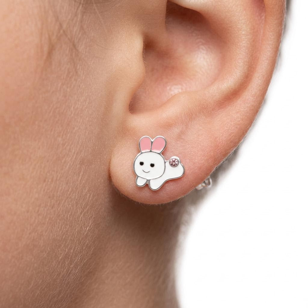 Girls bunny rabbit stud earrings in sterling silver close up
