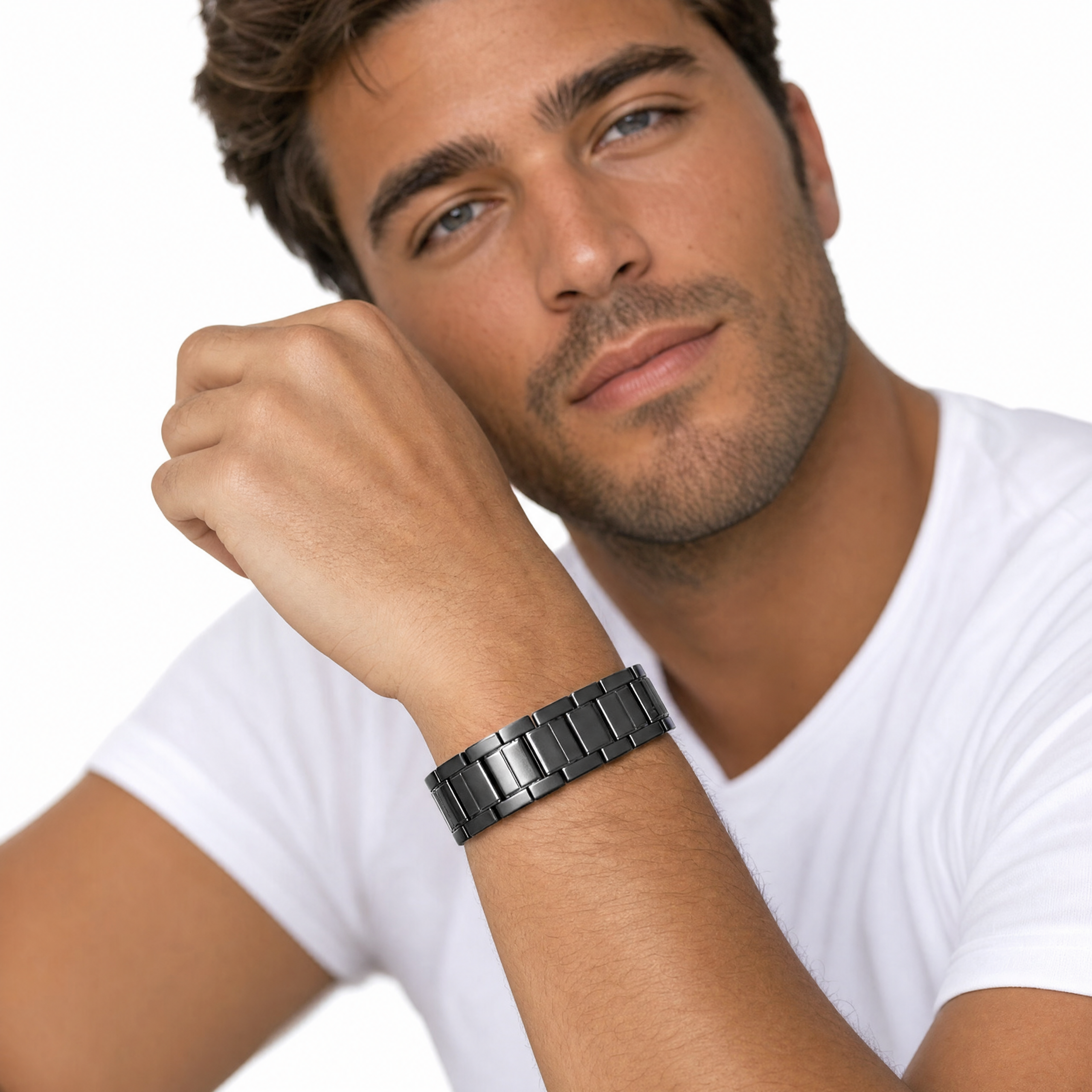 man with Black Titanium 6-Row Ultra Strength Magnetic Bracelet