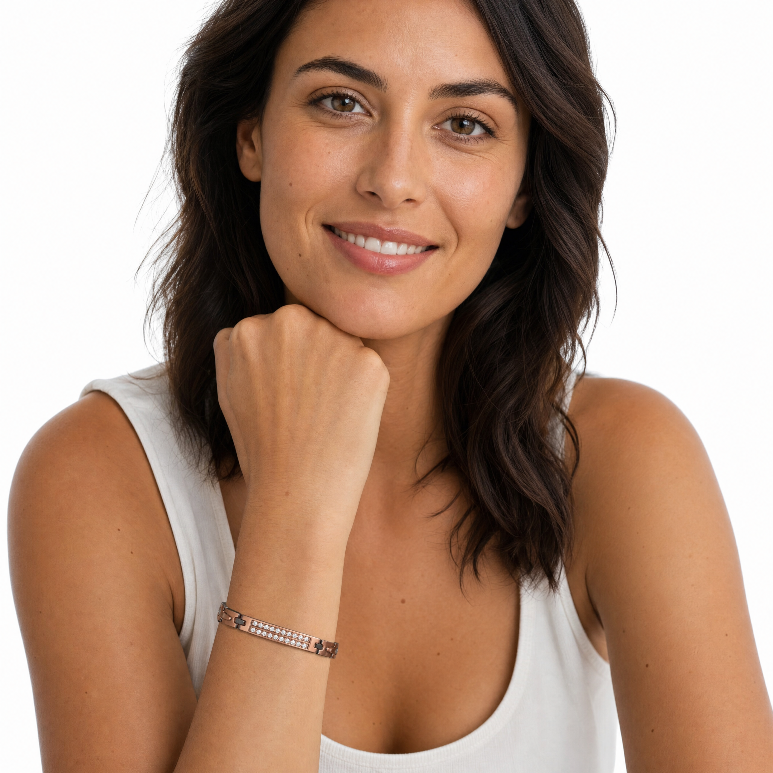 woman with Ladies Copper Cubic Zirconia Magnetic Bracelet on