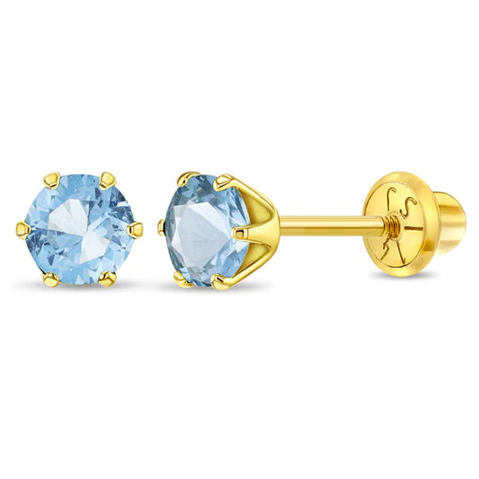 In Season Jewellery aquamarine screw back earrings gold for children with clear blue stones