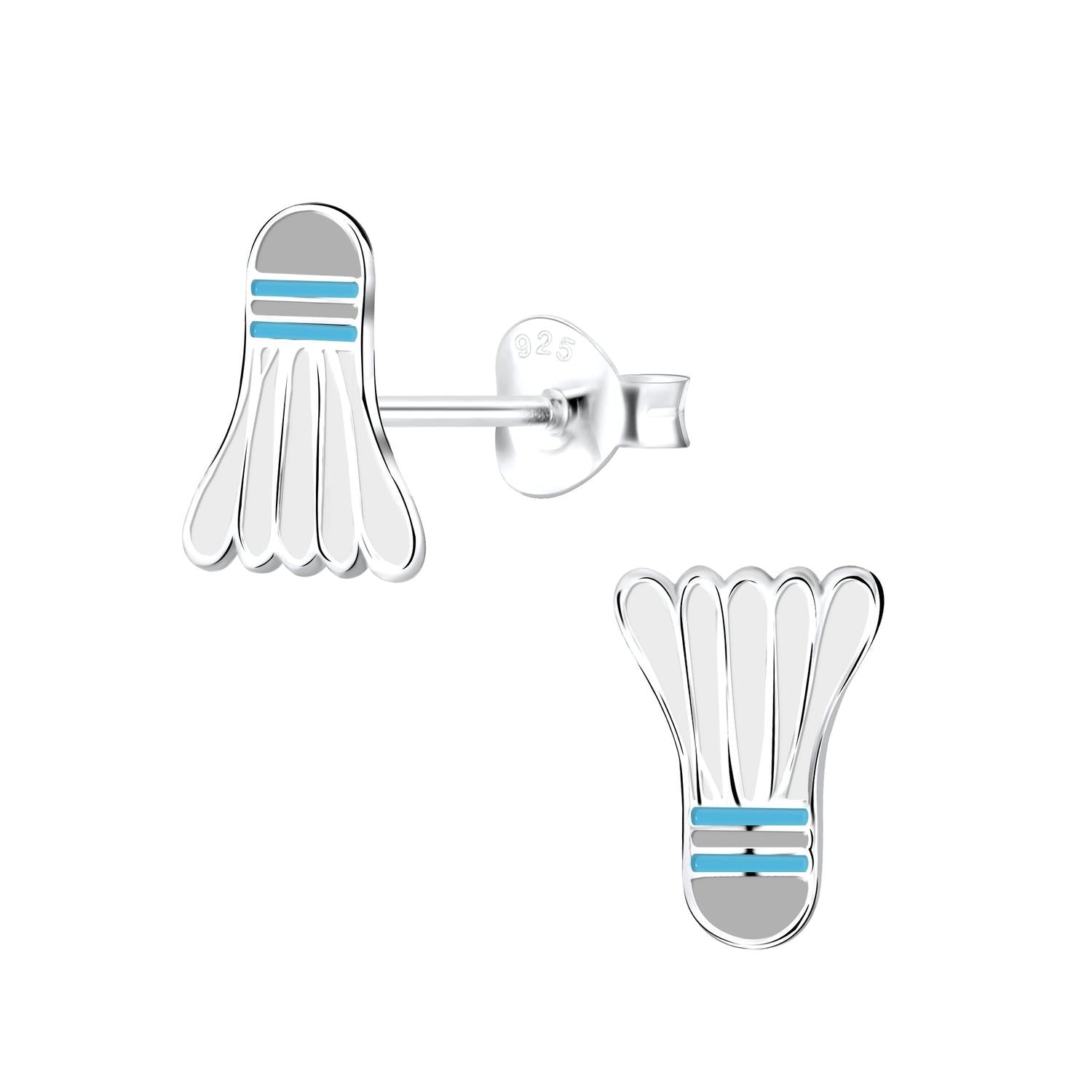 Melchior Jewellery childrens sterling silver earrings shaped like badminton shuttlecocks with blue enamel stripes