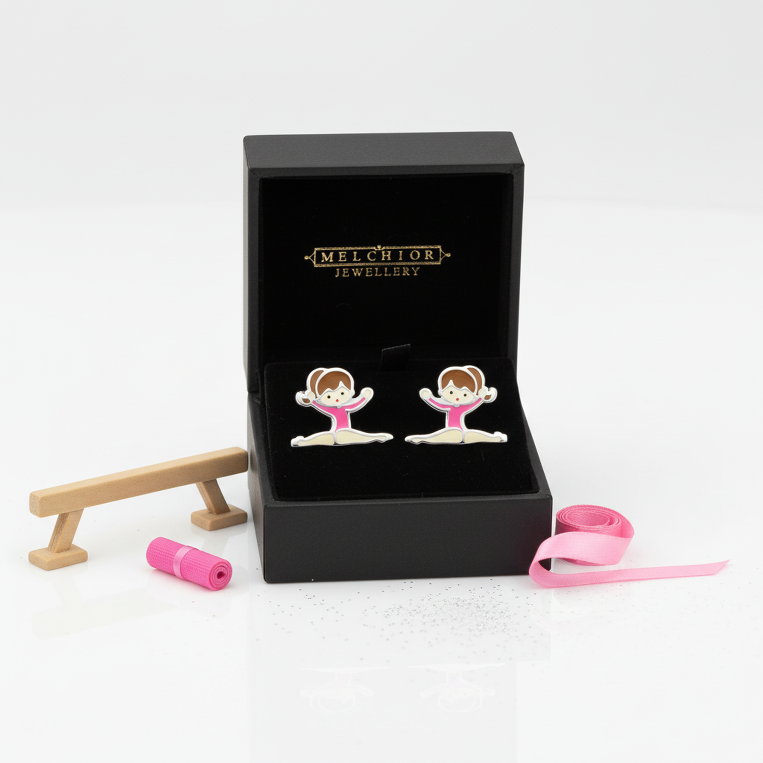 Children's Sterling Silver Pink Gymnastics Girl Stud Earrings - Melchior Jewellery 