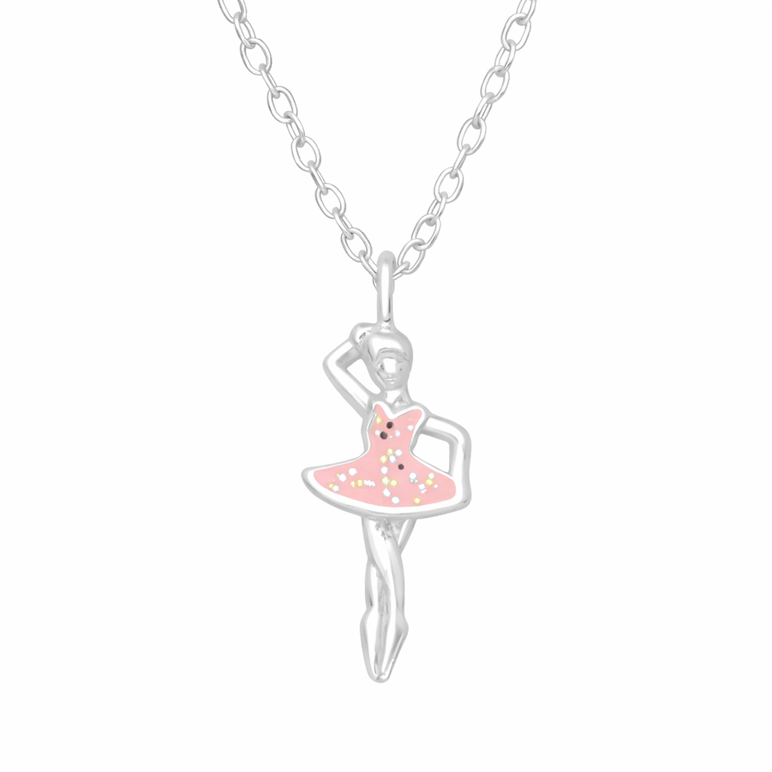 Melchior Jewellery girls ballet dancer necklace with silver chain and pink enamel tutu with sparkles