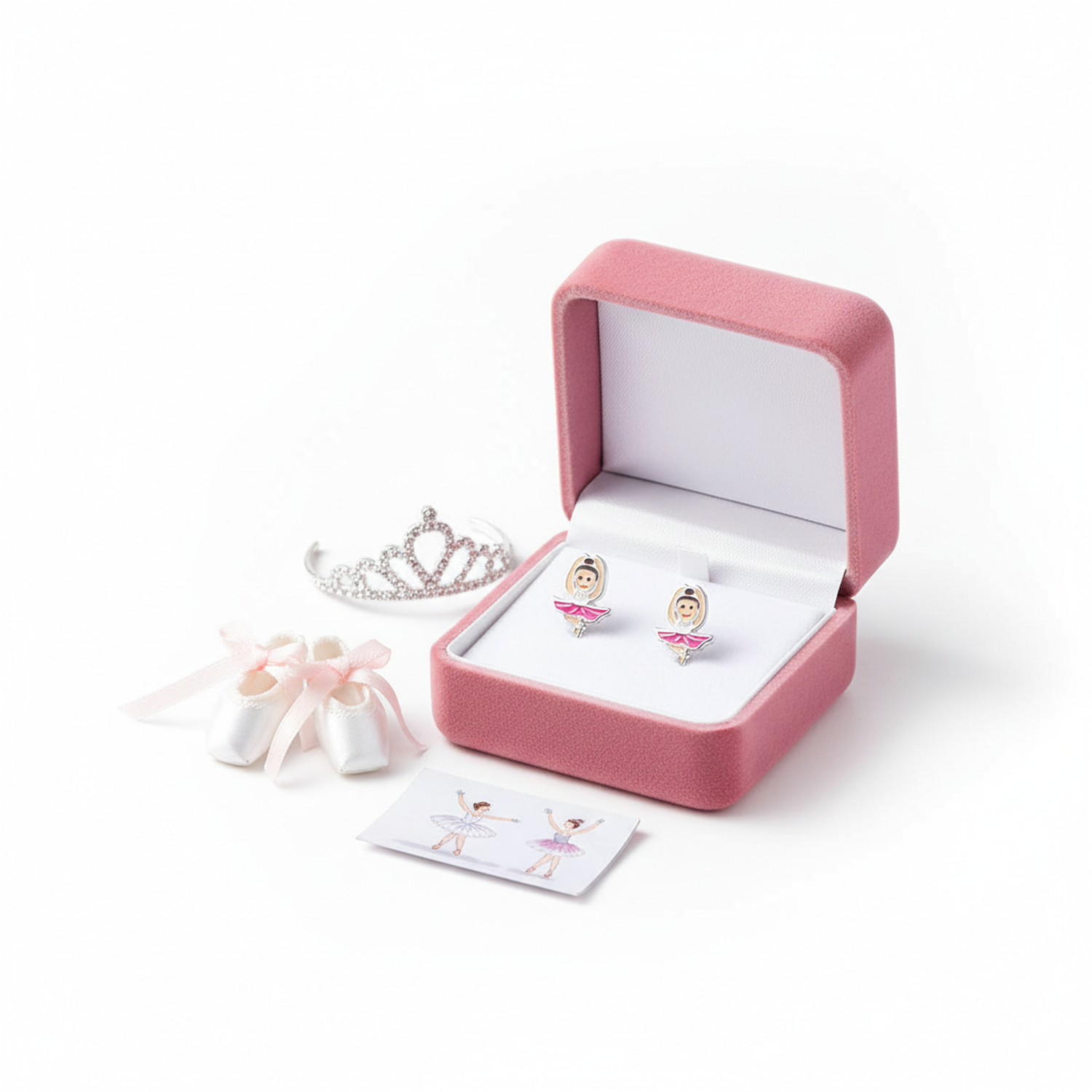 Melchior Jewellery ballerina stud earrings for girls in pink gift box with ballet shoes and tiara