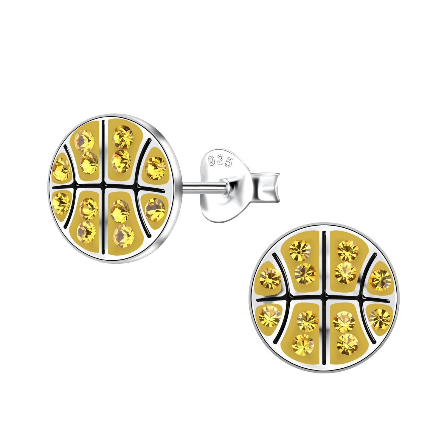 Girls sterling silver earrings shaped like basketballs with yellow gemstones by Melchior Jewellery