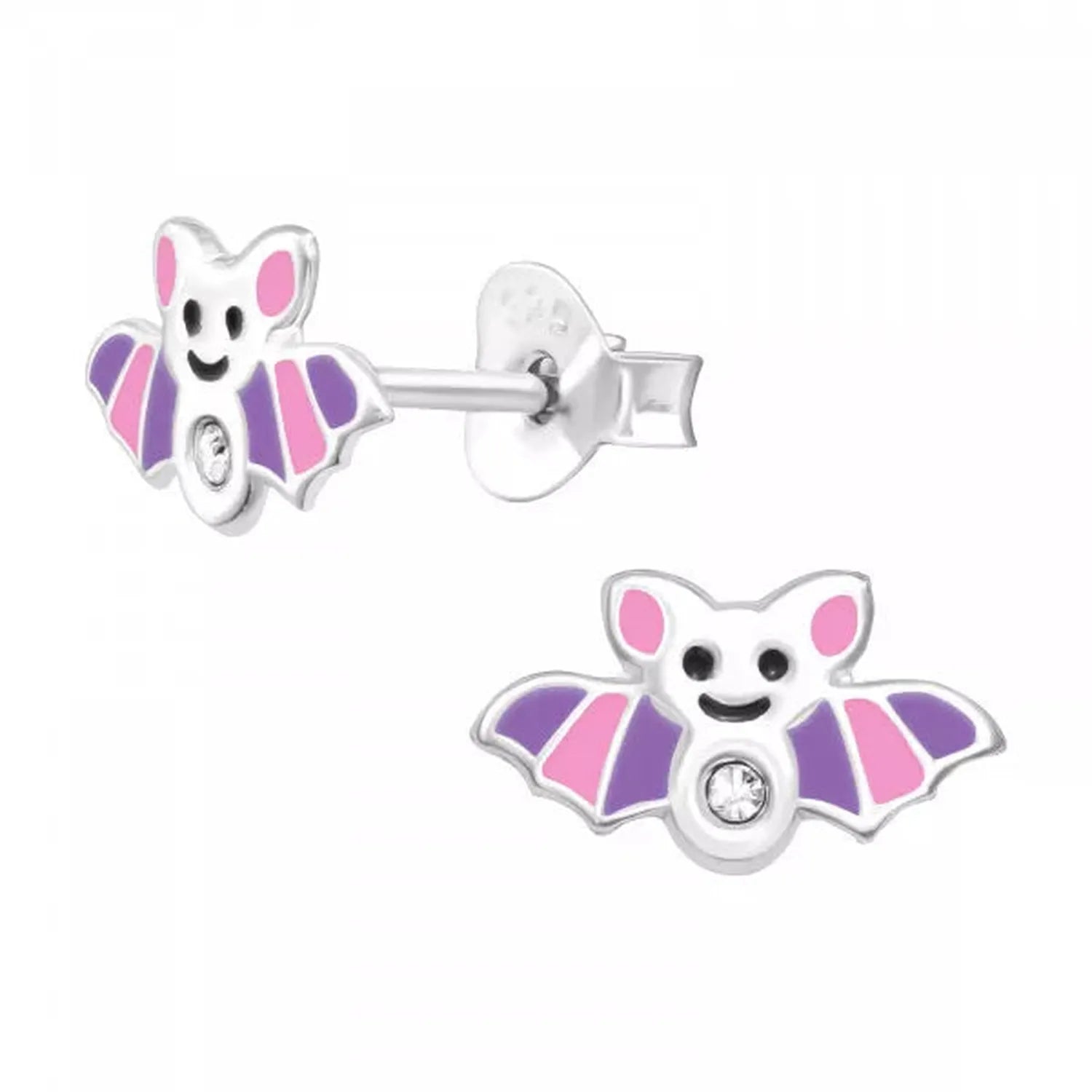 Sterling silver pink and purple bat stud earrings for women with crystal detail by Melchior Jewellery