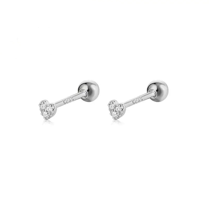 Sterling Silver Kids CZ Heart Screw Back Earrings