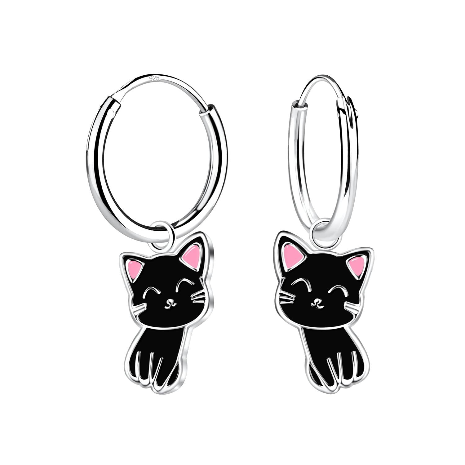 sterling silver black cat charm hoop earrings for kids with pink ear details by Melchior Jewellery