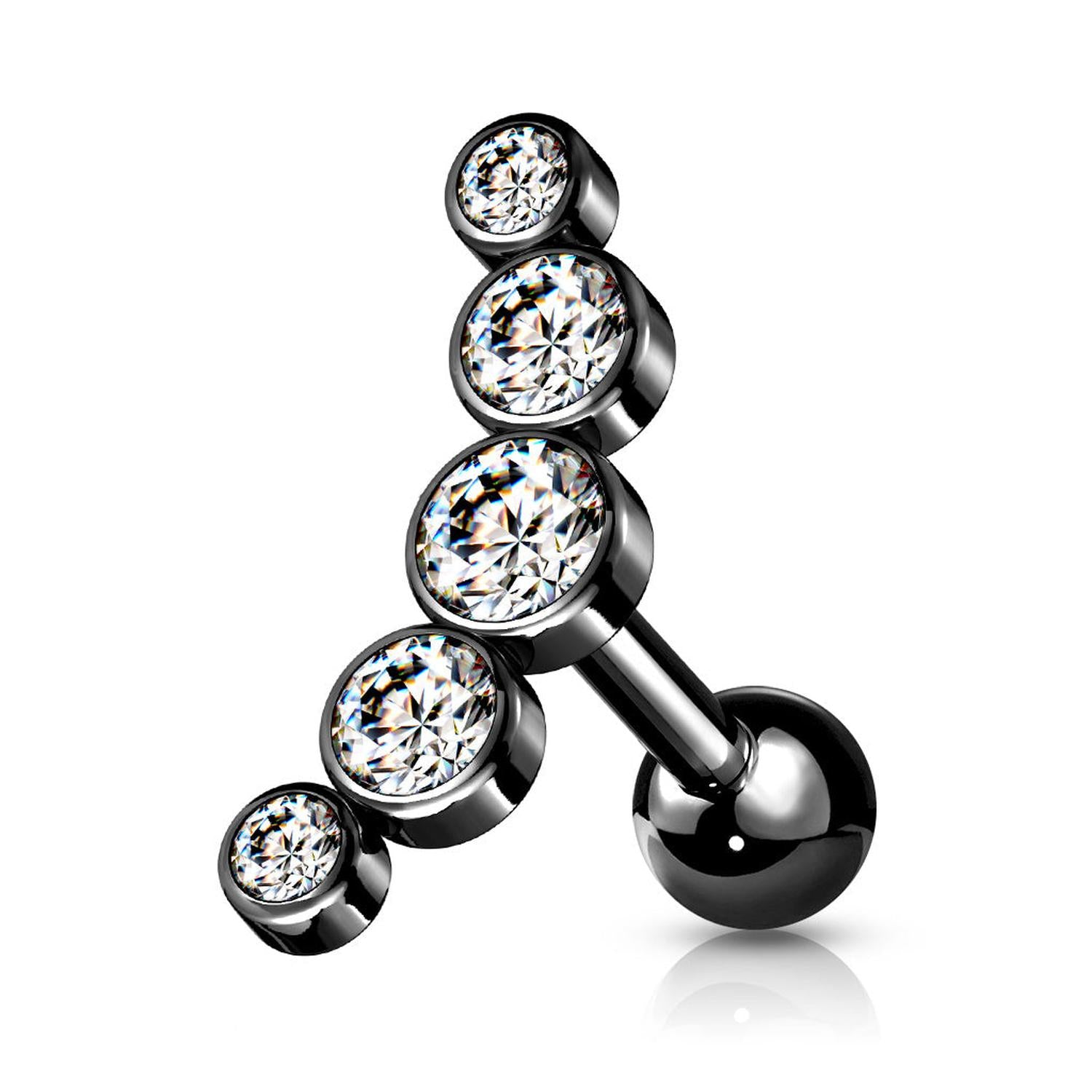 Melchior Jewellery black surgical steel cartilage stud with gemstones five clear crystals in graduated sizes labret
