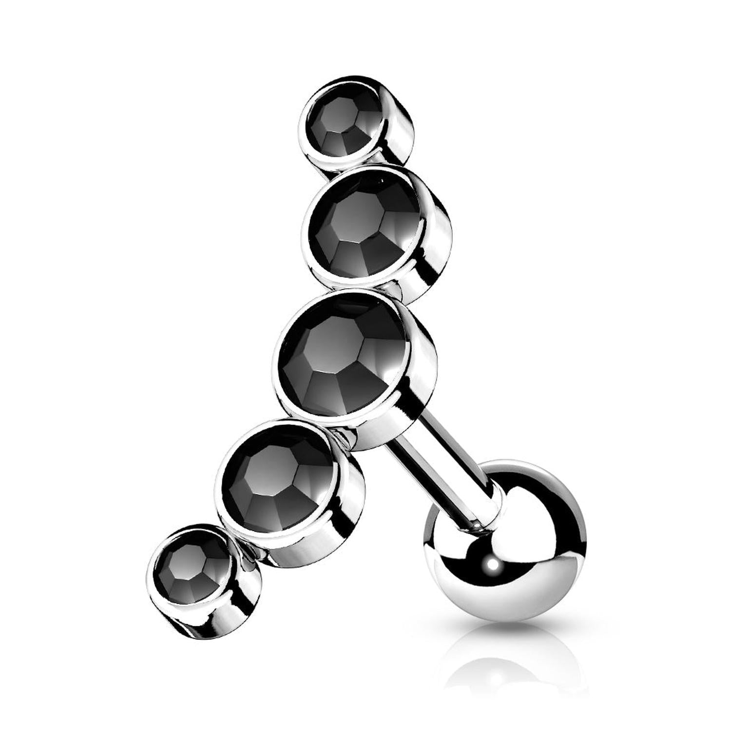 Melchior Jewellery surgical steel cartilage stud with gemstones five black faceted stones on curved silver barbell