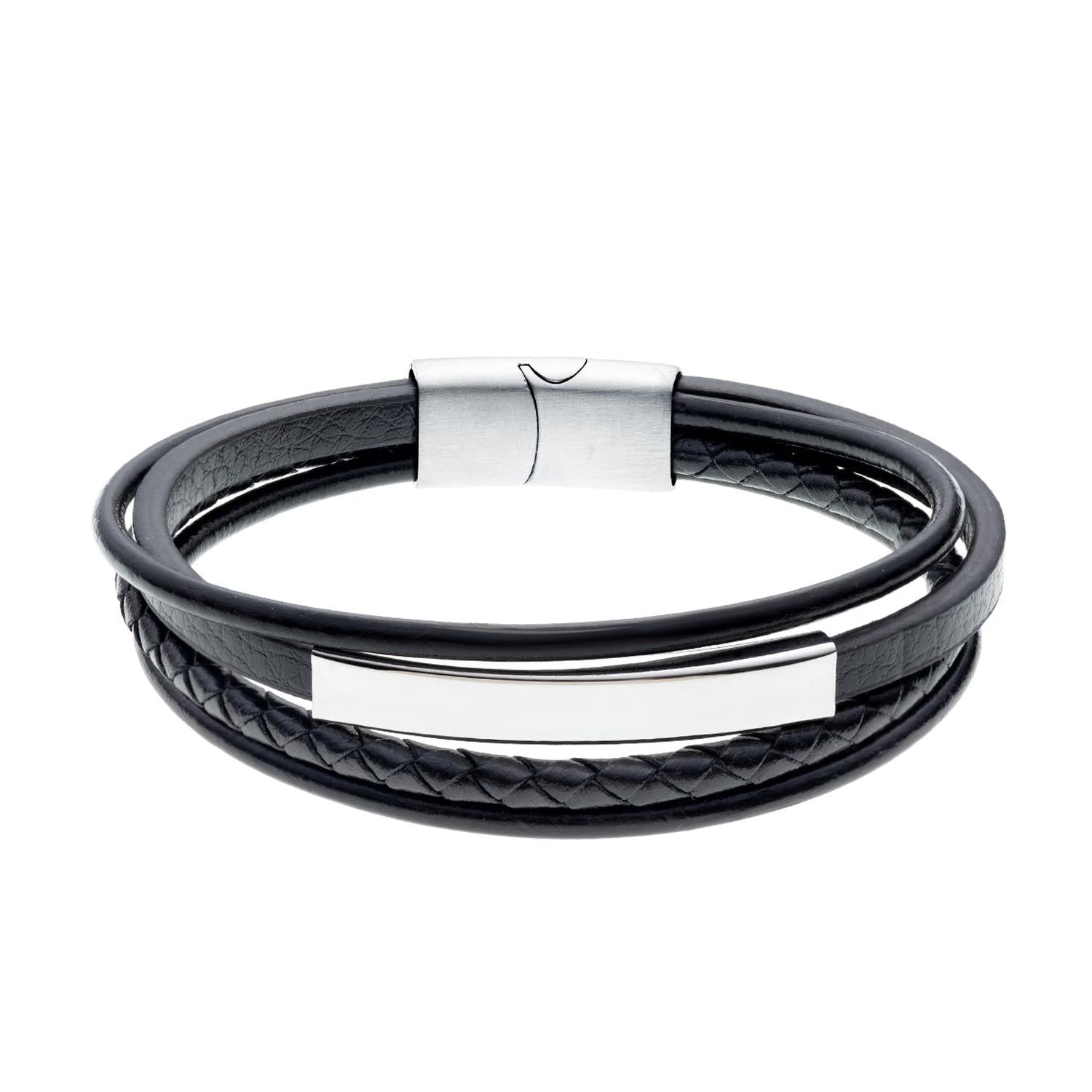 Mens multi strand leather bracelet steel by Sentiell with black braided and smooth leather strands