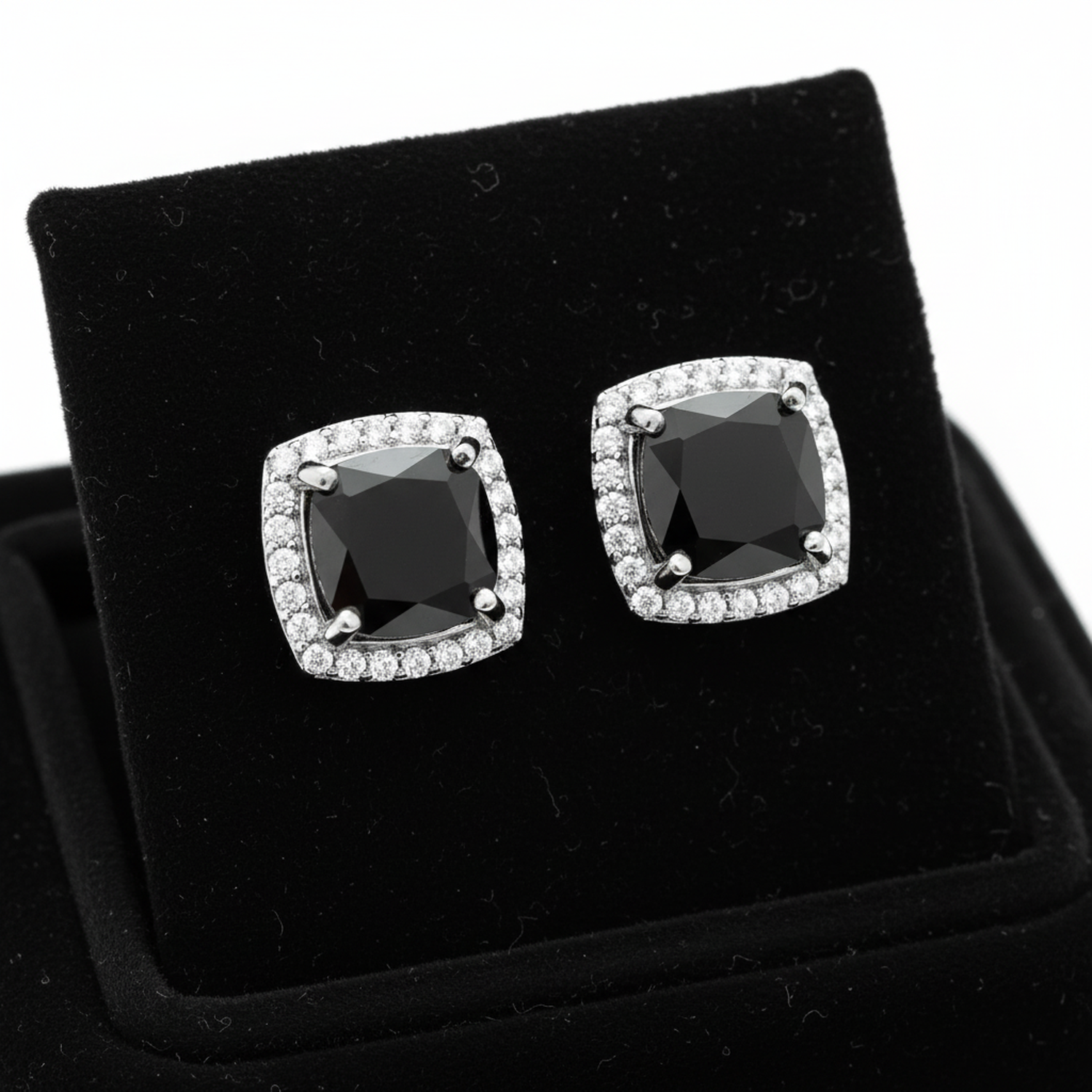 Melchior Jewellery bridal black stud earrings with square black stones surrounded by small clear crystals in silver setting