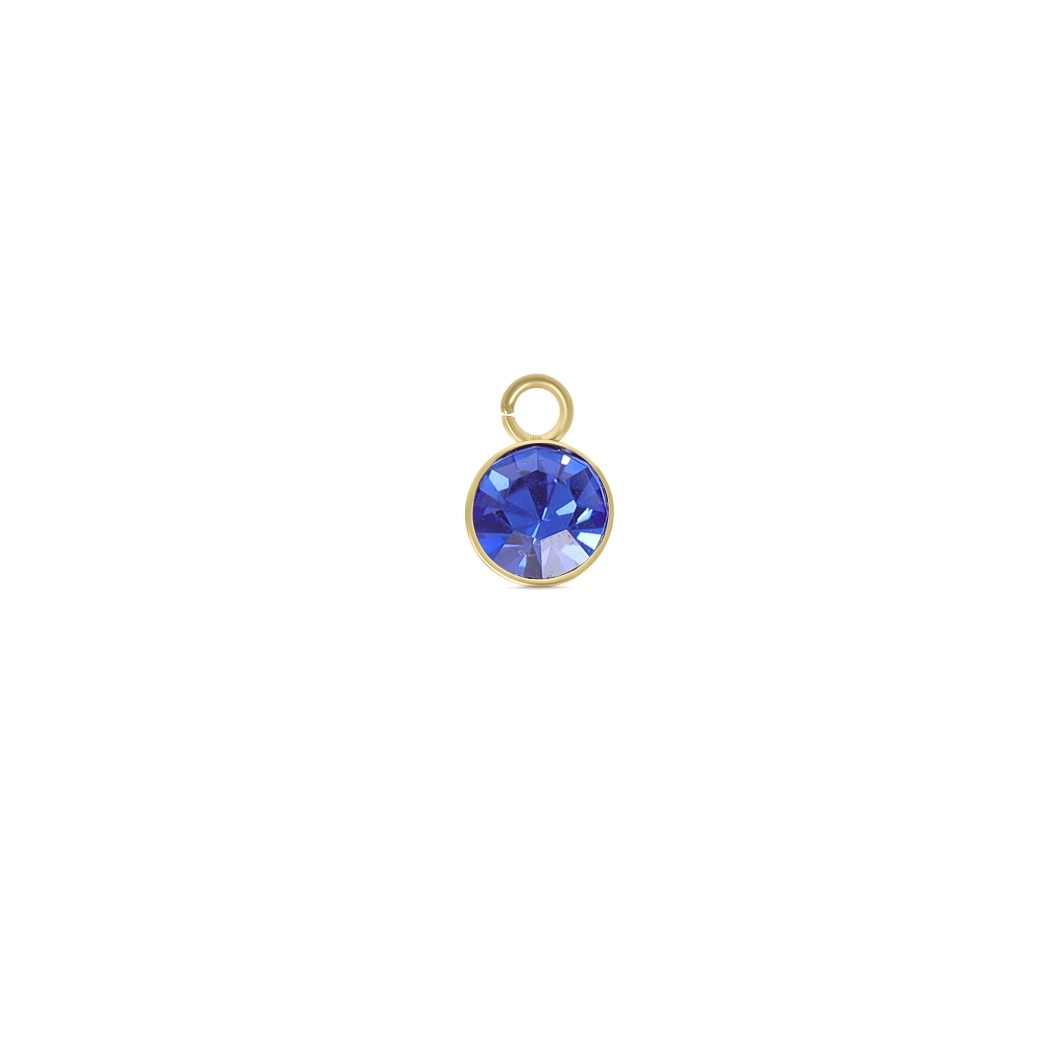 gold stainless steel birthstone charm with deep blue crystal by Melchior Jewellery