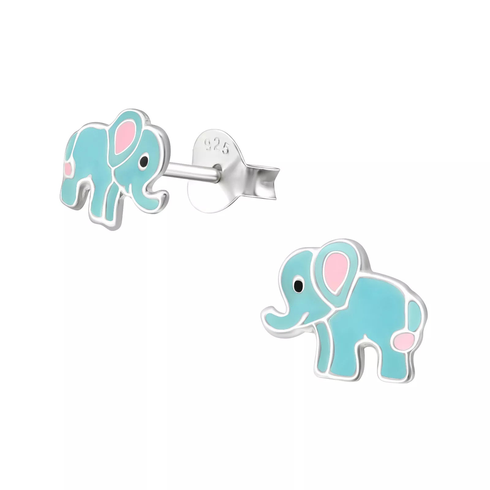 Blue elephant stud earrings for kids made by Melchior Jewellery with silver backing