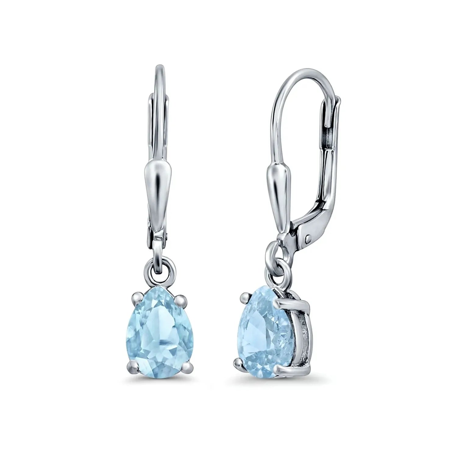 Silver Aqua Bridal Teardrop Leverback Earrings by Melchior Jewellery with light blue gemstones
