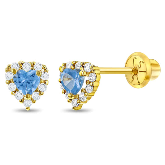 Blue heart screw back earrings for girls with gold setting and surrounding white stones