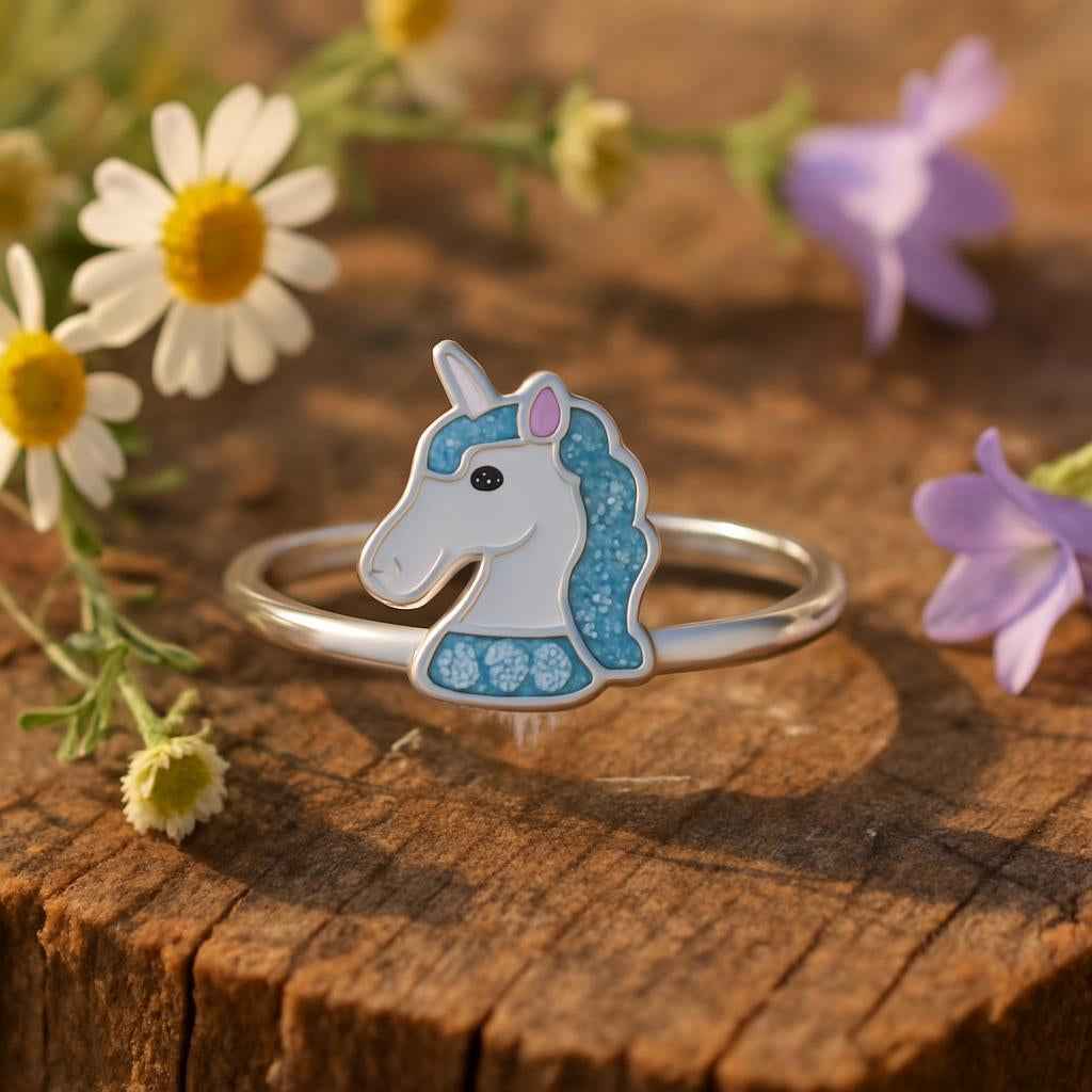 Blue unicorn silver ring for girls by Melchior Jewellery on wooden surface with flowers