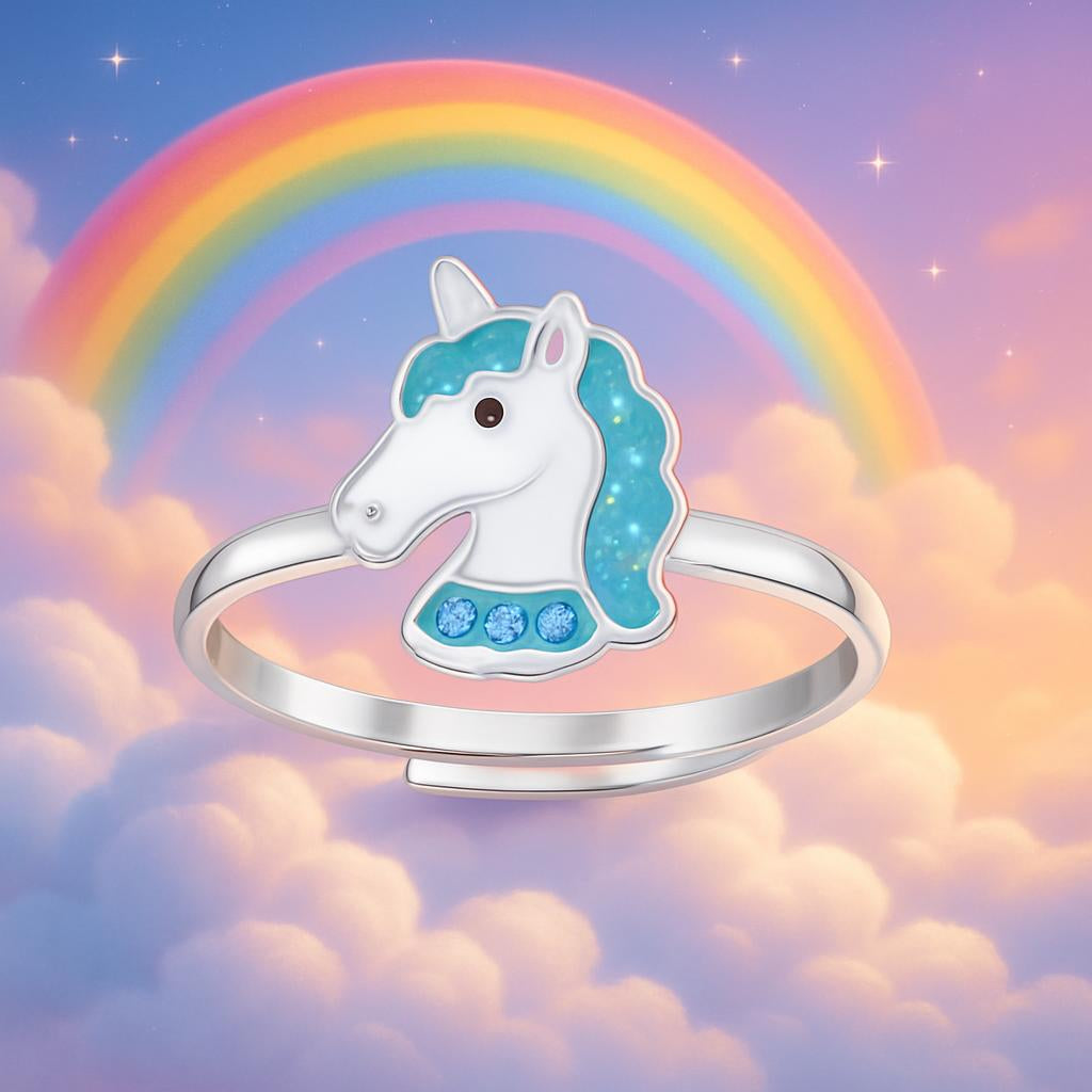 Blue unicorn silver ring for girls by Melchior Jewellery with a sparkling unicorn design