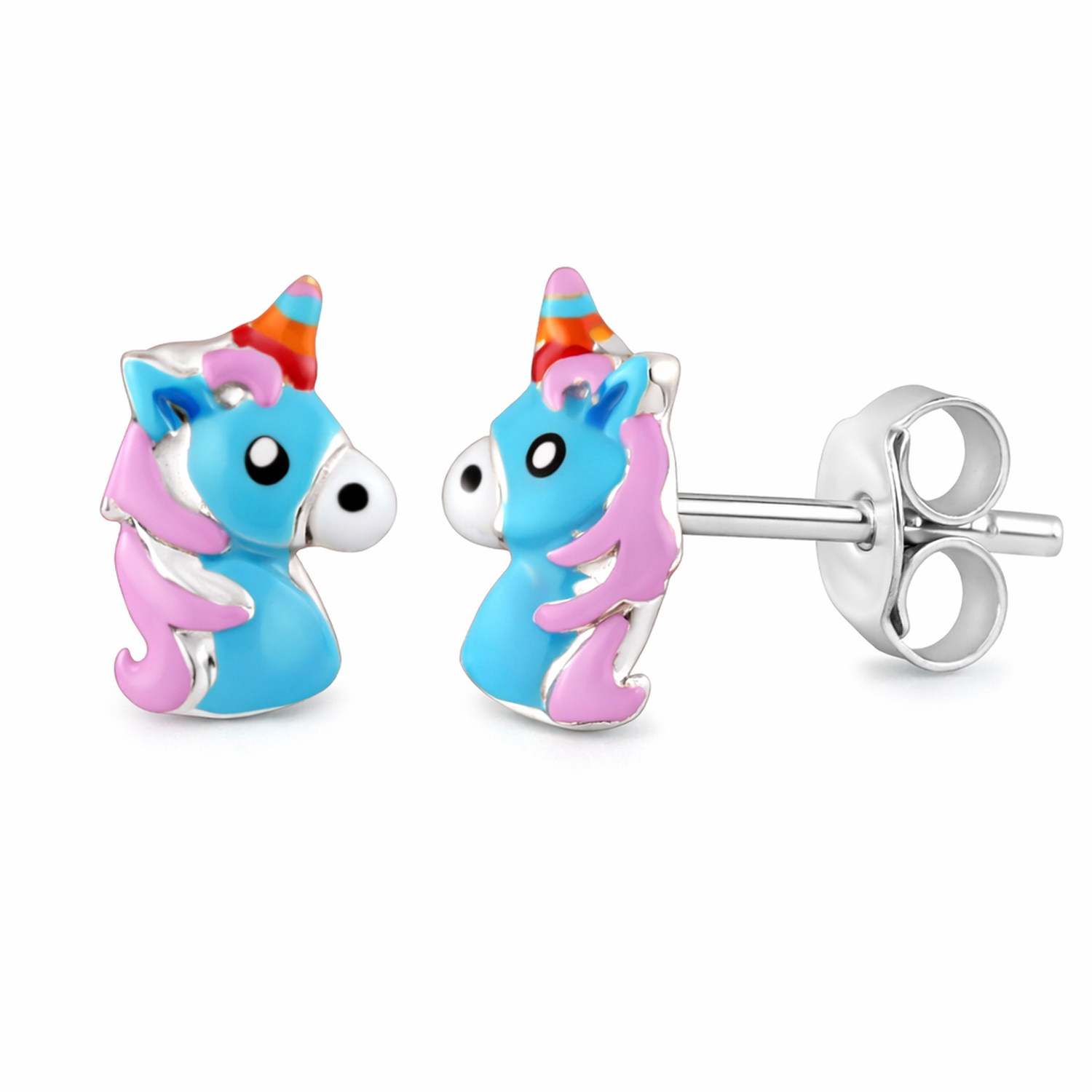 Blue unicorn stud earrings for kids by Melchior Jewellery featuring colourful enamel design