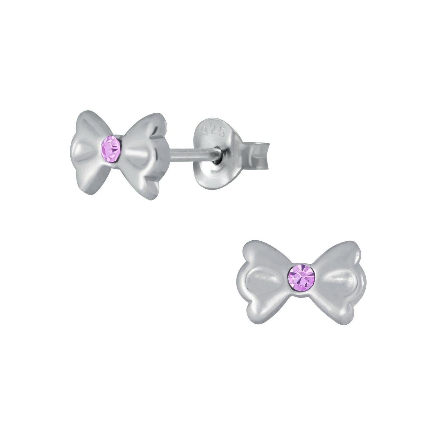 Melchior Jewellery children's sterling silver bow earrings with pink crystal centre studs