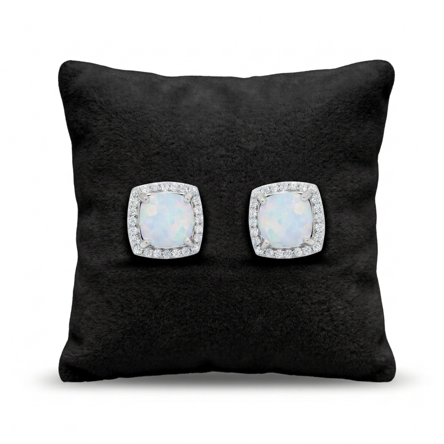Melchior Jewellery bridal opal stud earrings with square milky white opals surrounded by sparkling clear crystals on black cushion