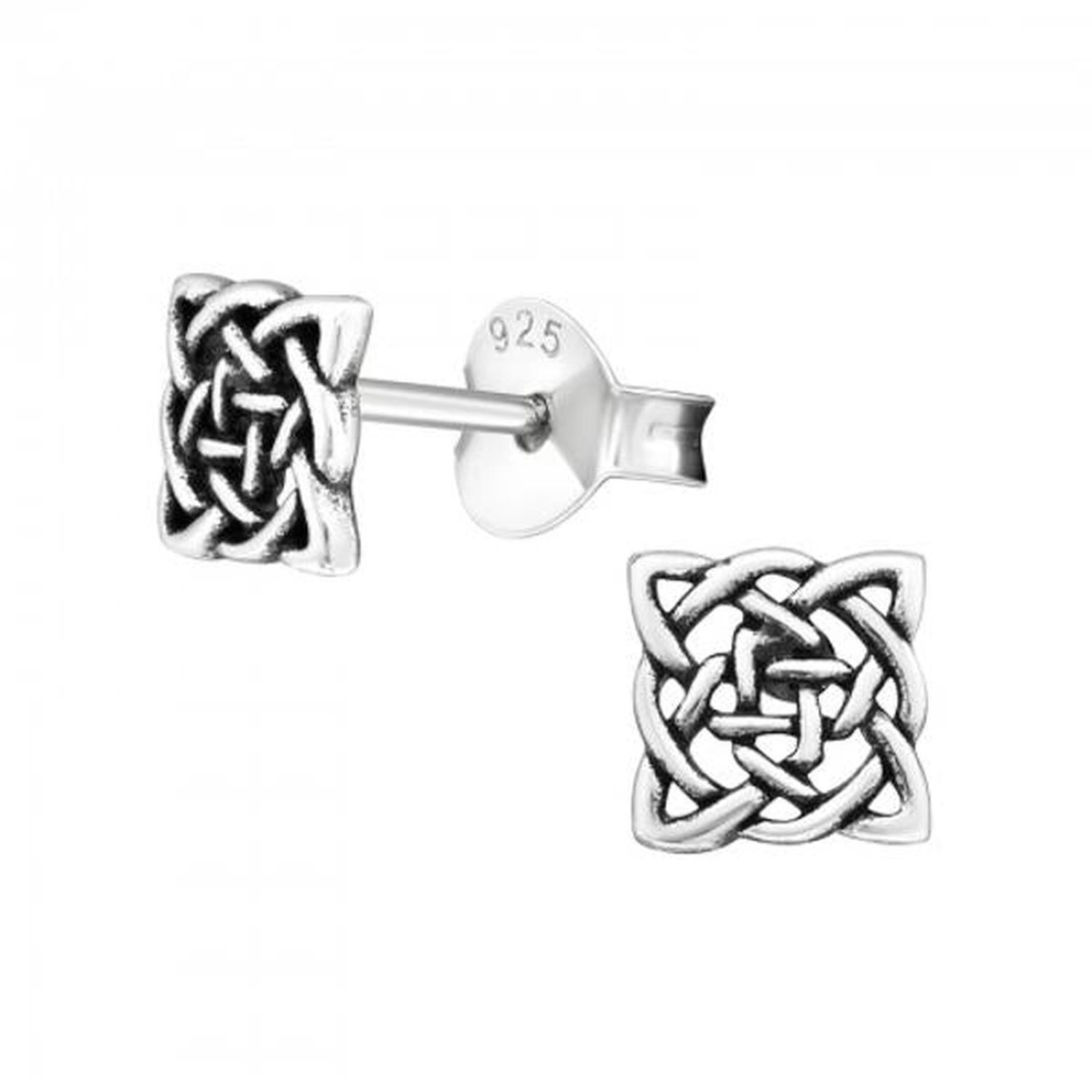 Melchior Jewellery silver knot square stud earrings in detailed oxidised sterling silver finish
