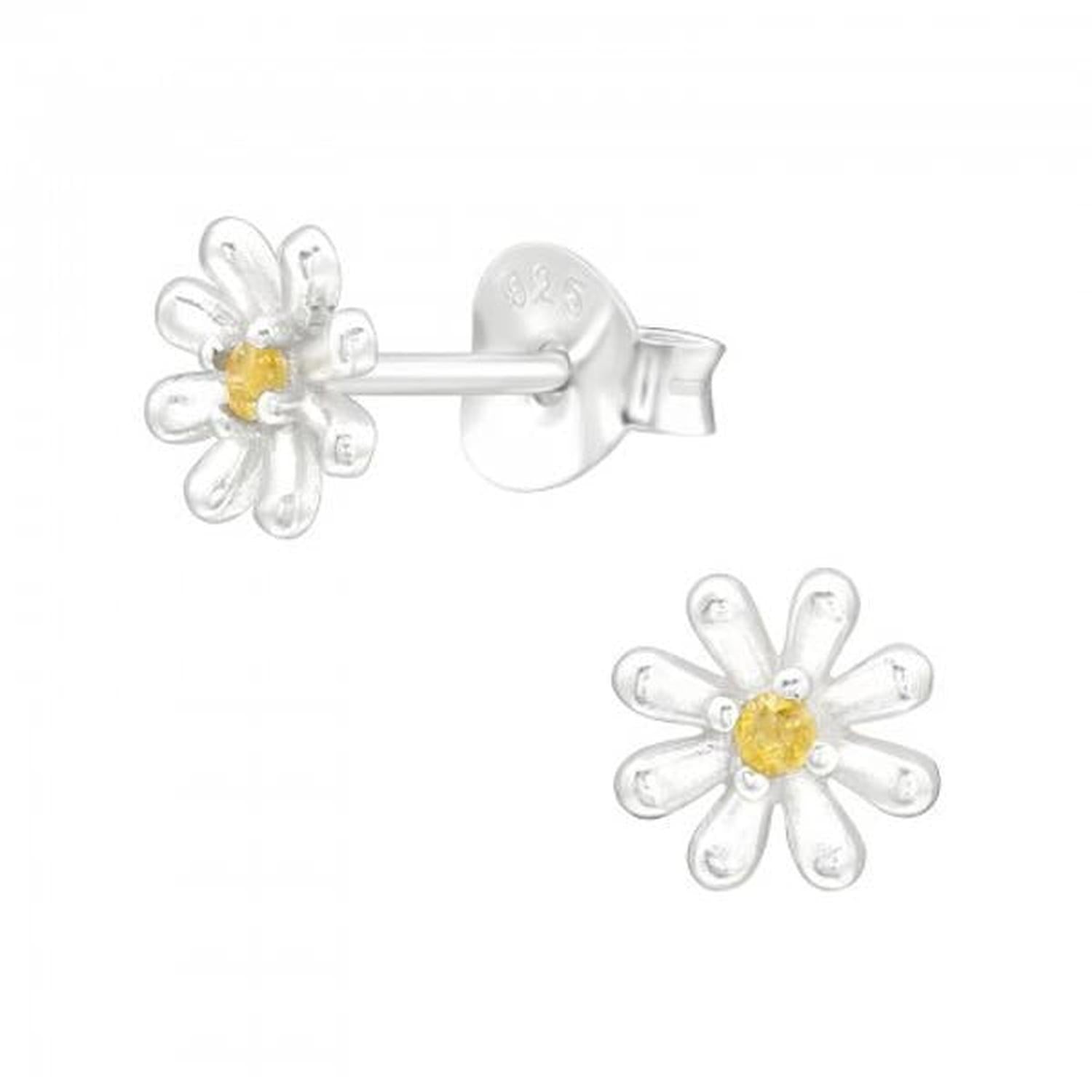 Silver Daisy Stud Earrings by Melchior Jewellery featuring polished silver petals and a bright yellow centre stone
