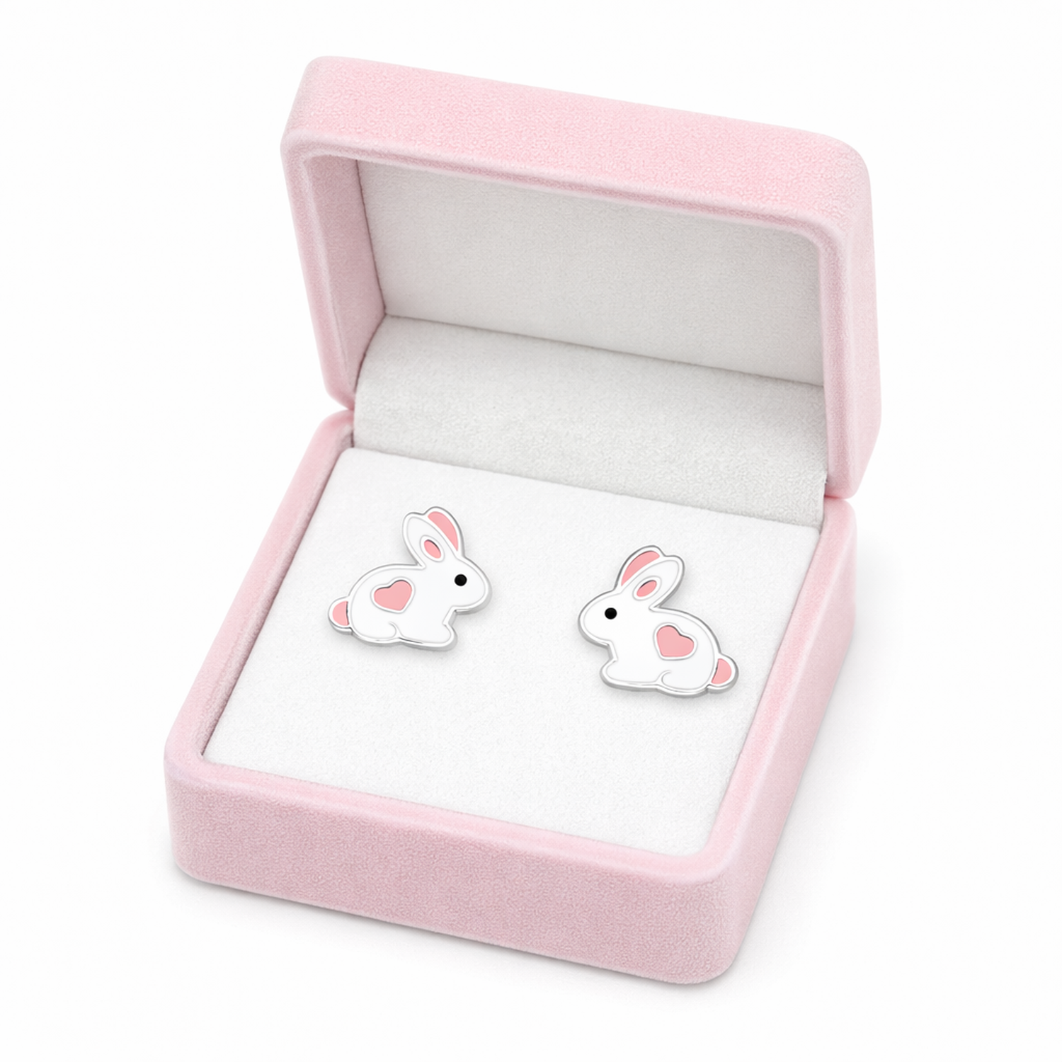 Sterling silver rabbit earrings for kids with pink heart details in a pink jewellery box