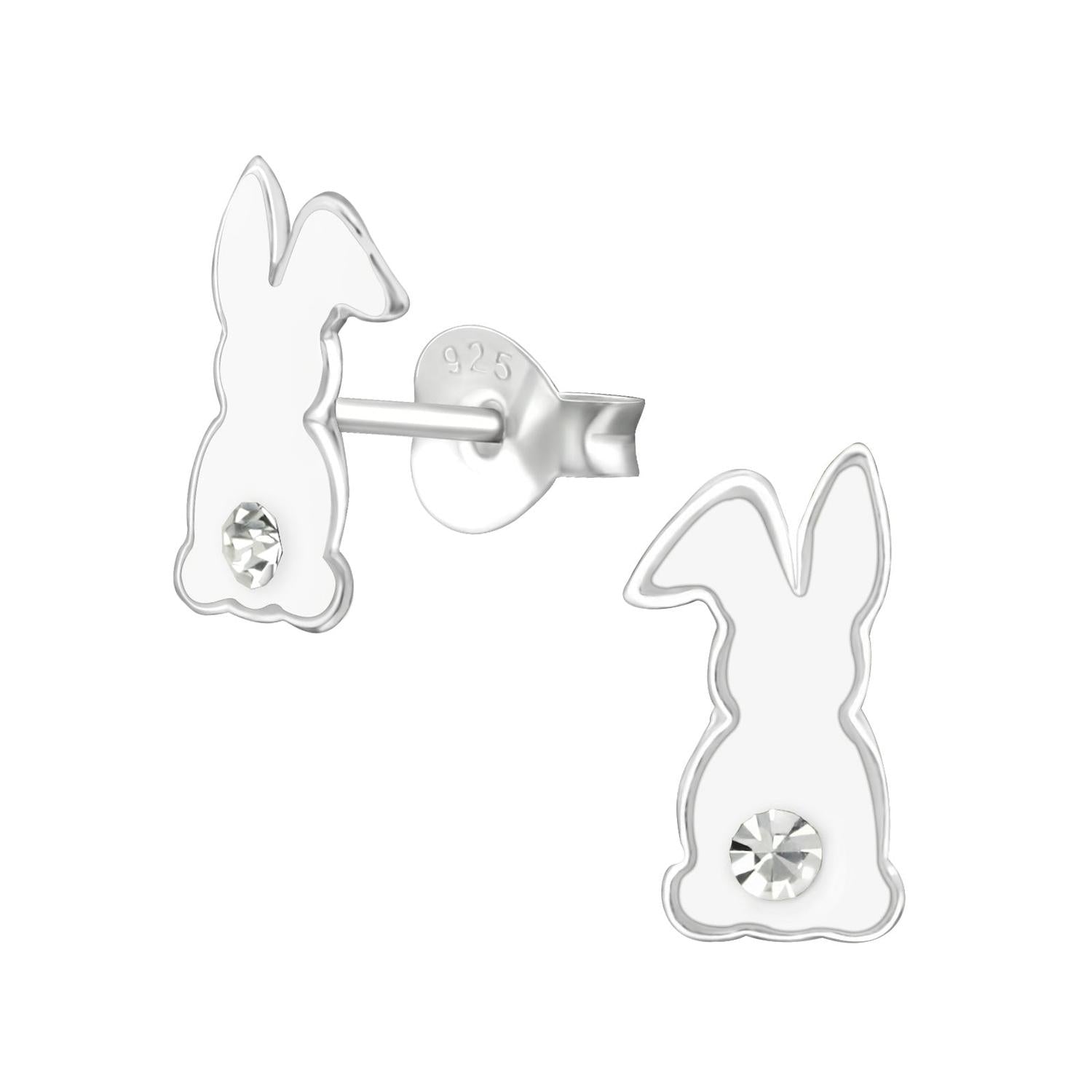Girls Silver Bunny Rabbit Stud Earrings made of 925 sterling silver with crystal detail for children