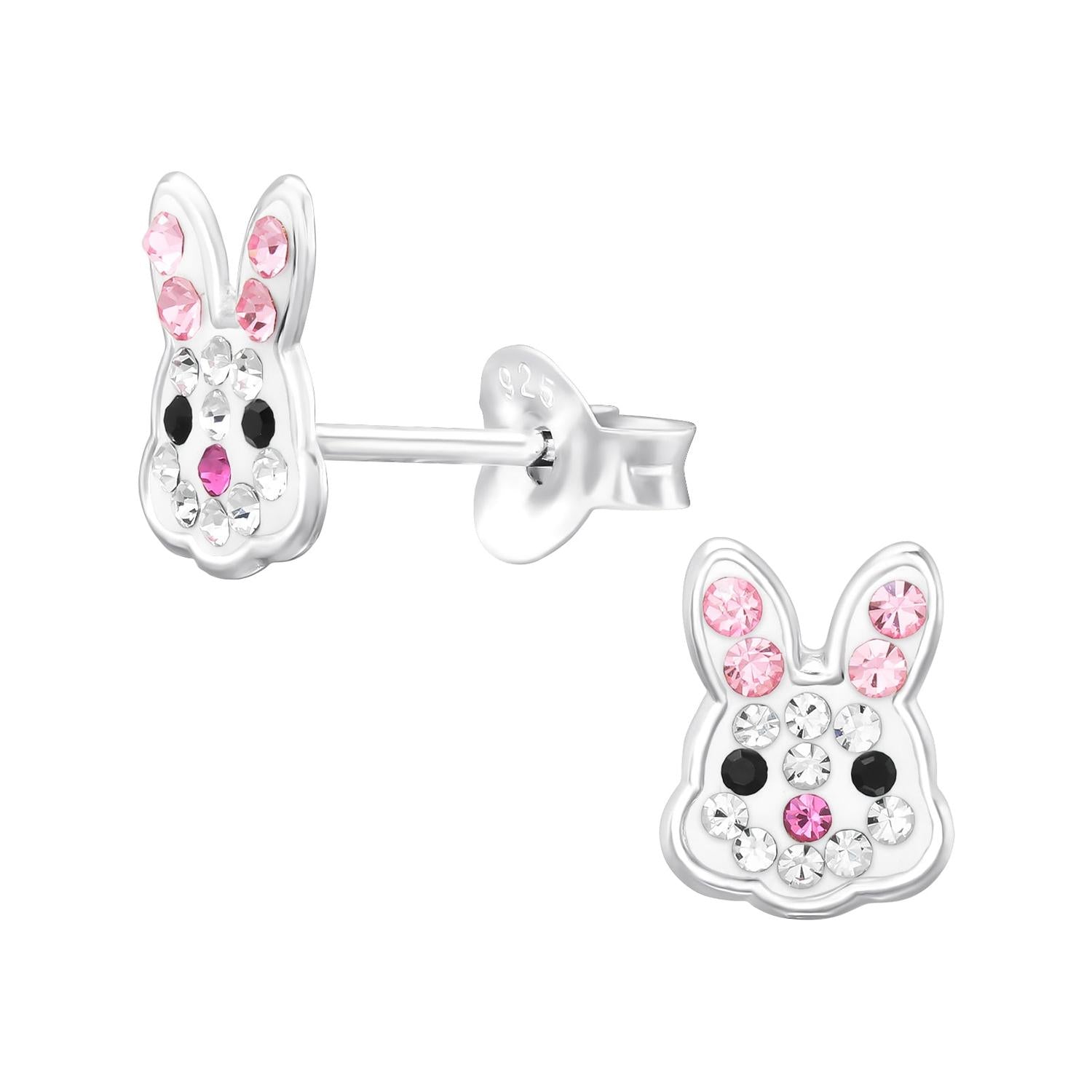 Sterling silver girls bunny earrings with pink and clear crystals by Melchior Jewellery
