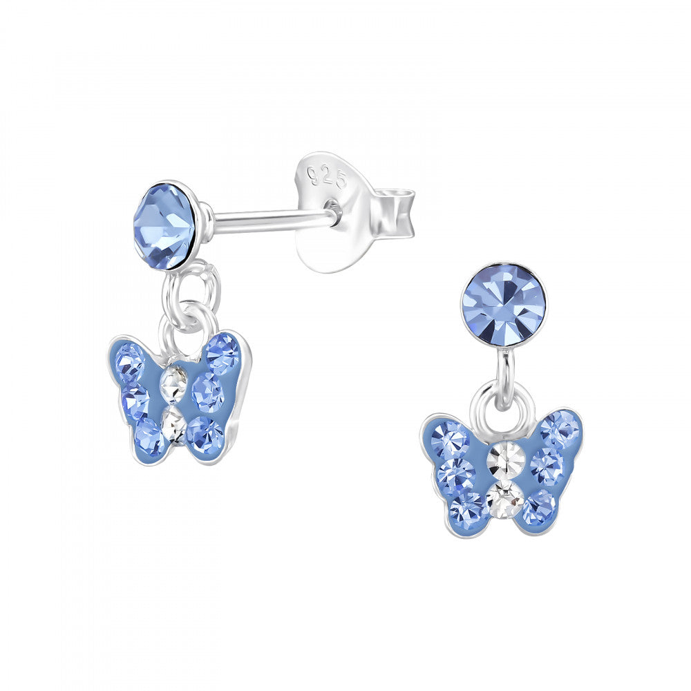 Melchior Jewellery blue butterfly earrings with sparkling light blue and clear crystals on silver studs