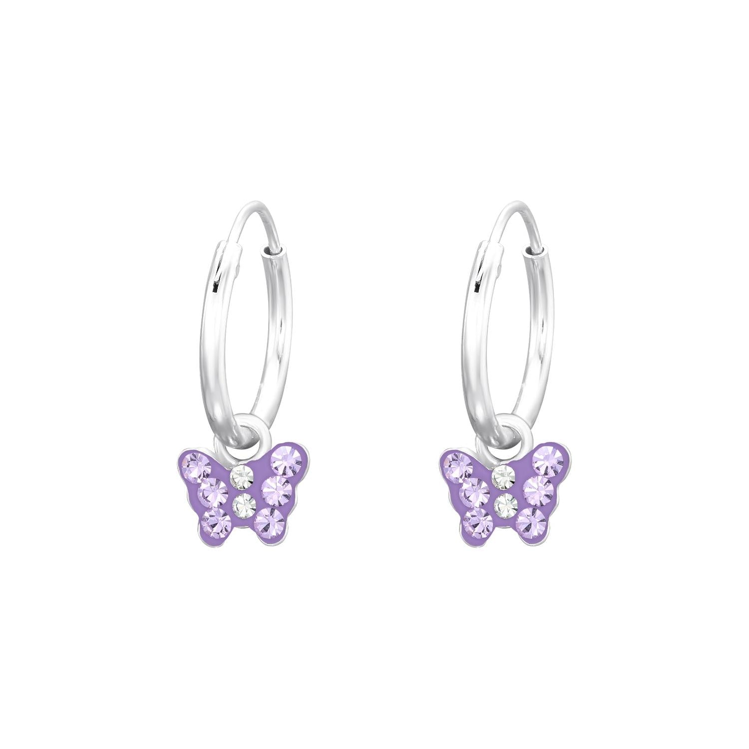 sterling silver lilac butterfly hoop earrings for kids with sparkling stones by Melchior Jewellery