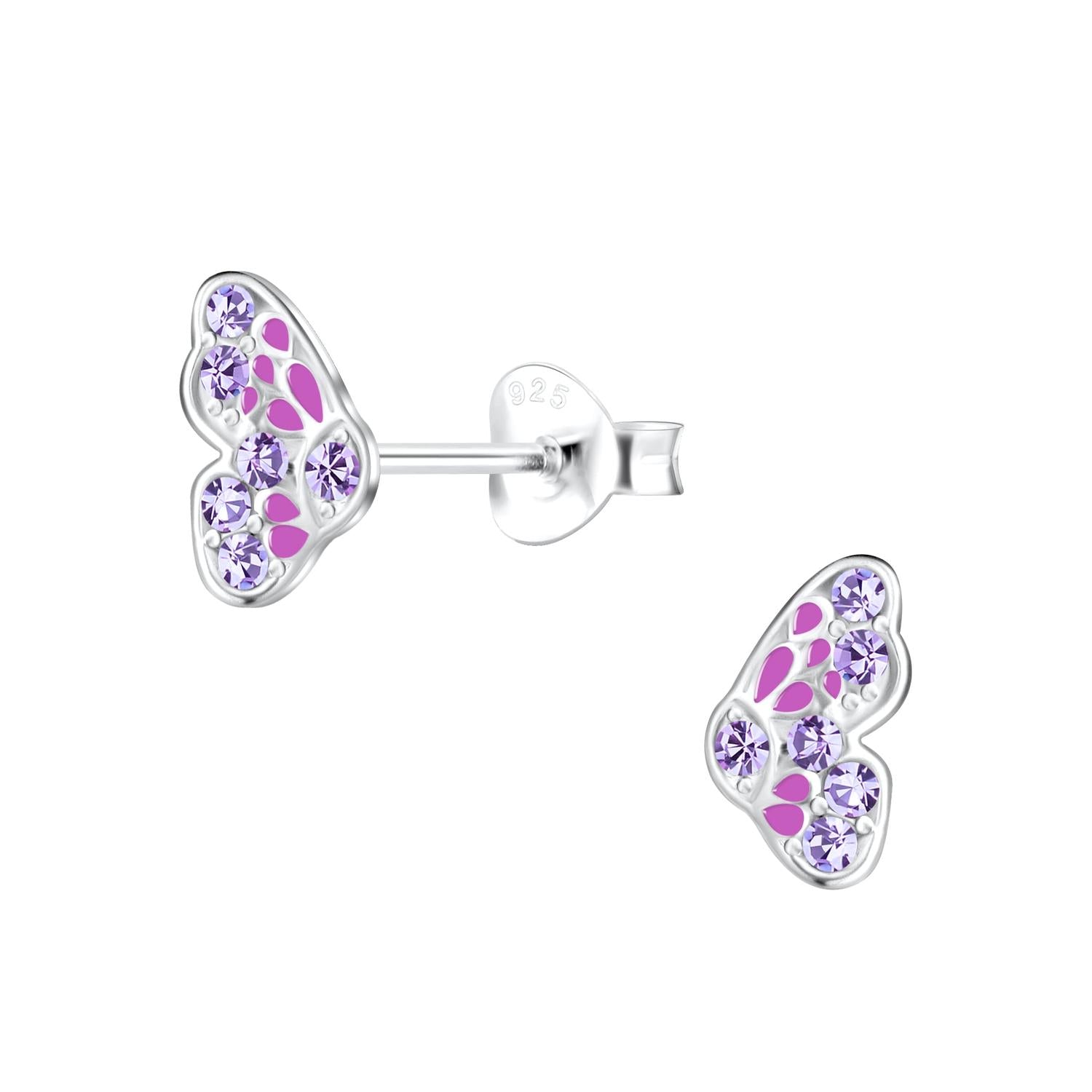 Melchior Jewellery silver butterfly earrings for girls with pink enamel and purple crystal stones