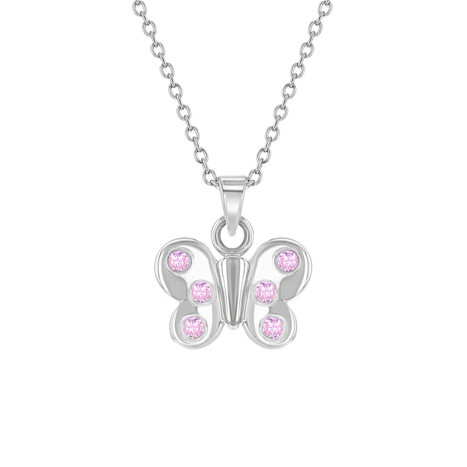 silver butterfly childrens girls necklace with pink crystals on sterling silver chain from In Season Jewellery
