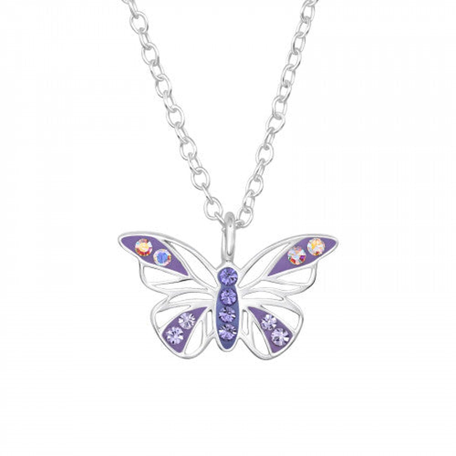Sterling silver butterfly necklace with purple enamel and sparkling multicoloured crystals by Melchior Jewellery