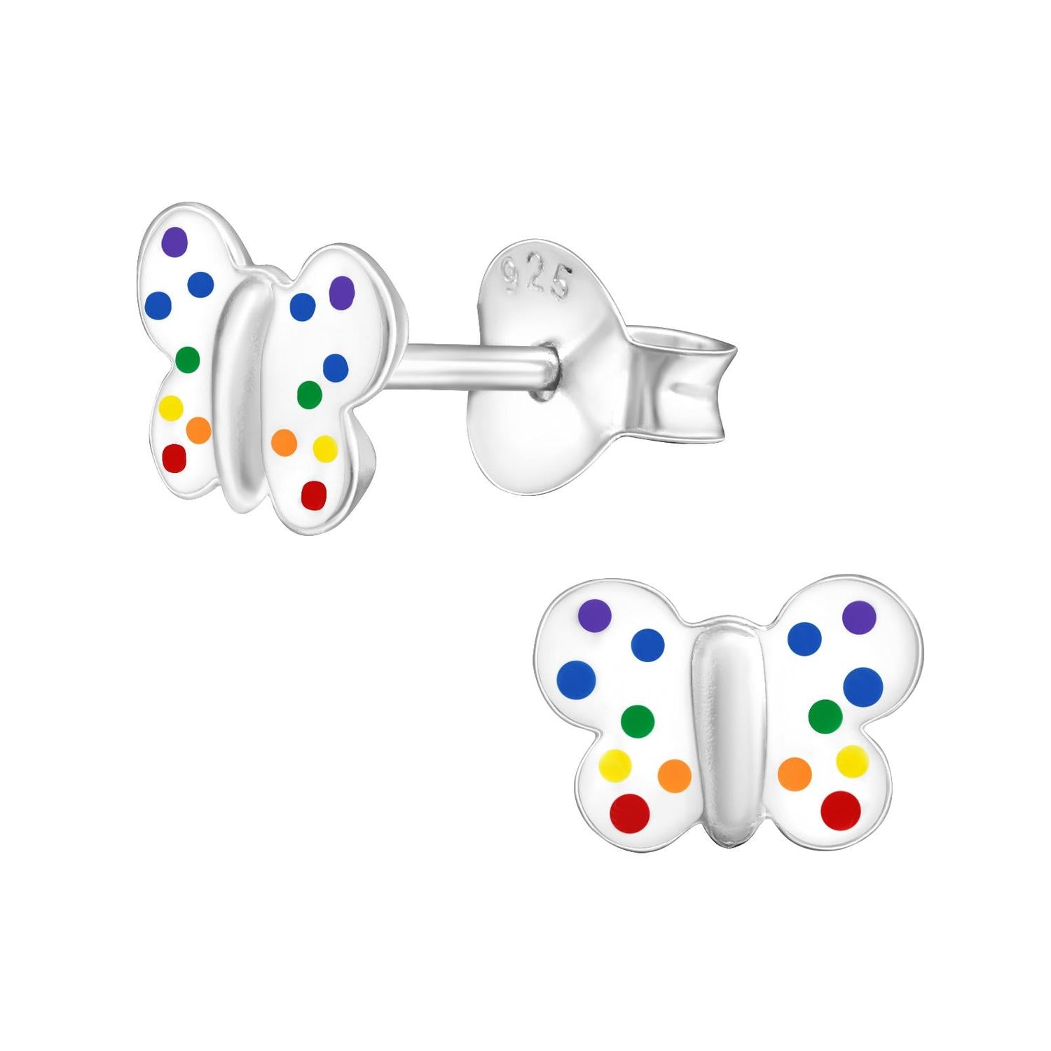 Sterling Silver Butterfly Earrings by Melchior Jewellery with colourful polka dots in red, orange, green, blue, and purple