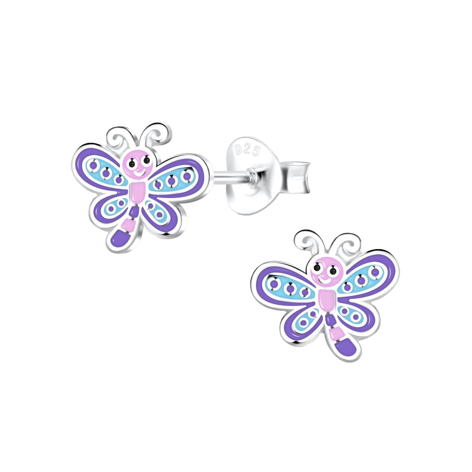 Sterling silver colourful girls dragonfly stud earrings with purple and blue enamel by Melchior Jewellery